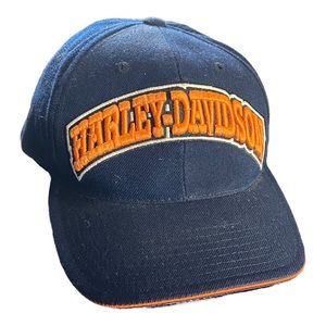 VINTAGE Harley Davidson Cap American Needle Navy‎ W/ Embroidery Orange Letters